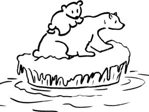 Two polar bears huddle on an ice block in an abstract illustration
