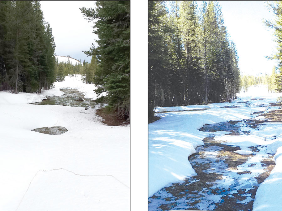 Two images side-by-side of the same snow measurement course. One shows average snow, the other shows sparse snow.