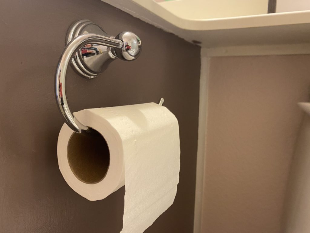 A roll of toilet paper hangs on the bathroom holder.