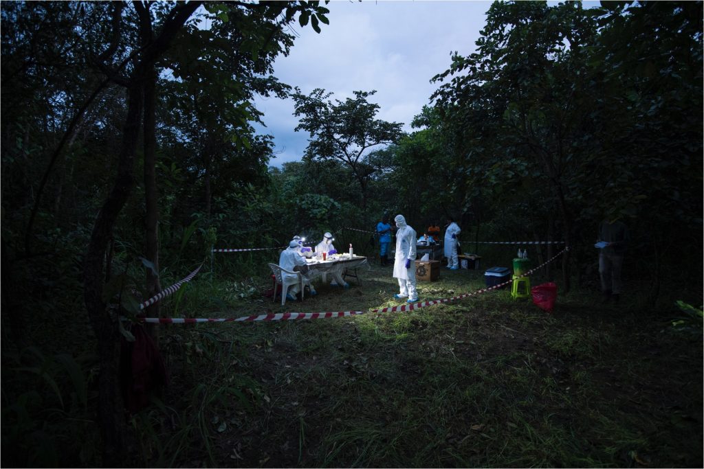 PREDICT teams set up a sanitary station to sample wildlife in Sierra Leone.