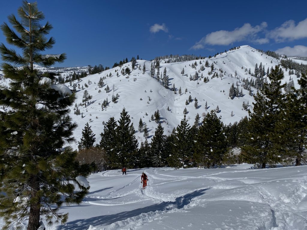 Backcountry skiers climb up Donner Ridge.