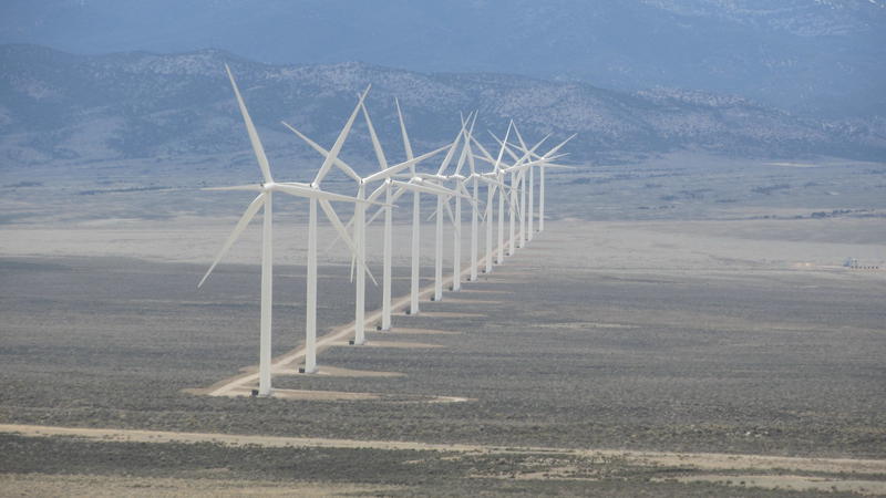 Fourteen turbines spin at the Spring Valley Wind facility. Located southeast of Ely in White Pine County.