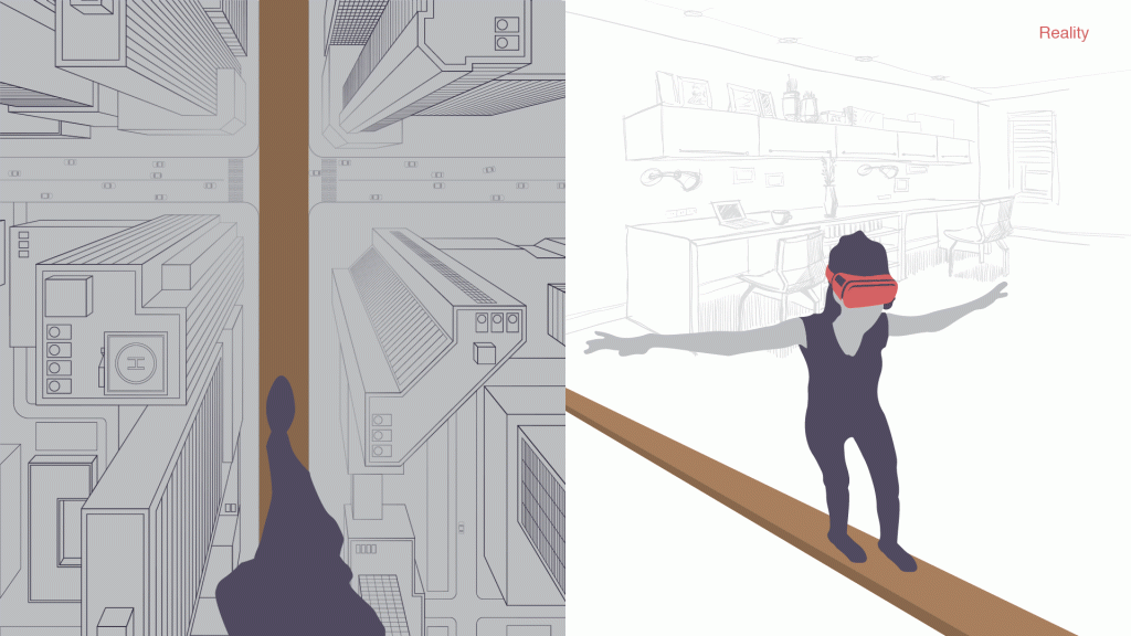 An animated person walks a wooden plank sitting on the ground while wearing a VR mask. The person's view is that of buildings and streets thousands of feet below the plank they are walking on.