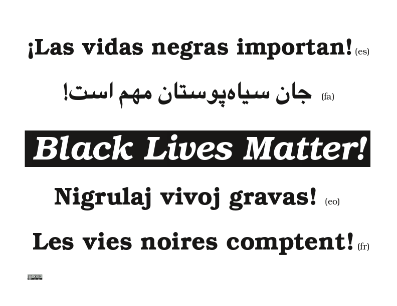 Photo shows "Black Lives Matter!" in five languages