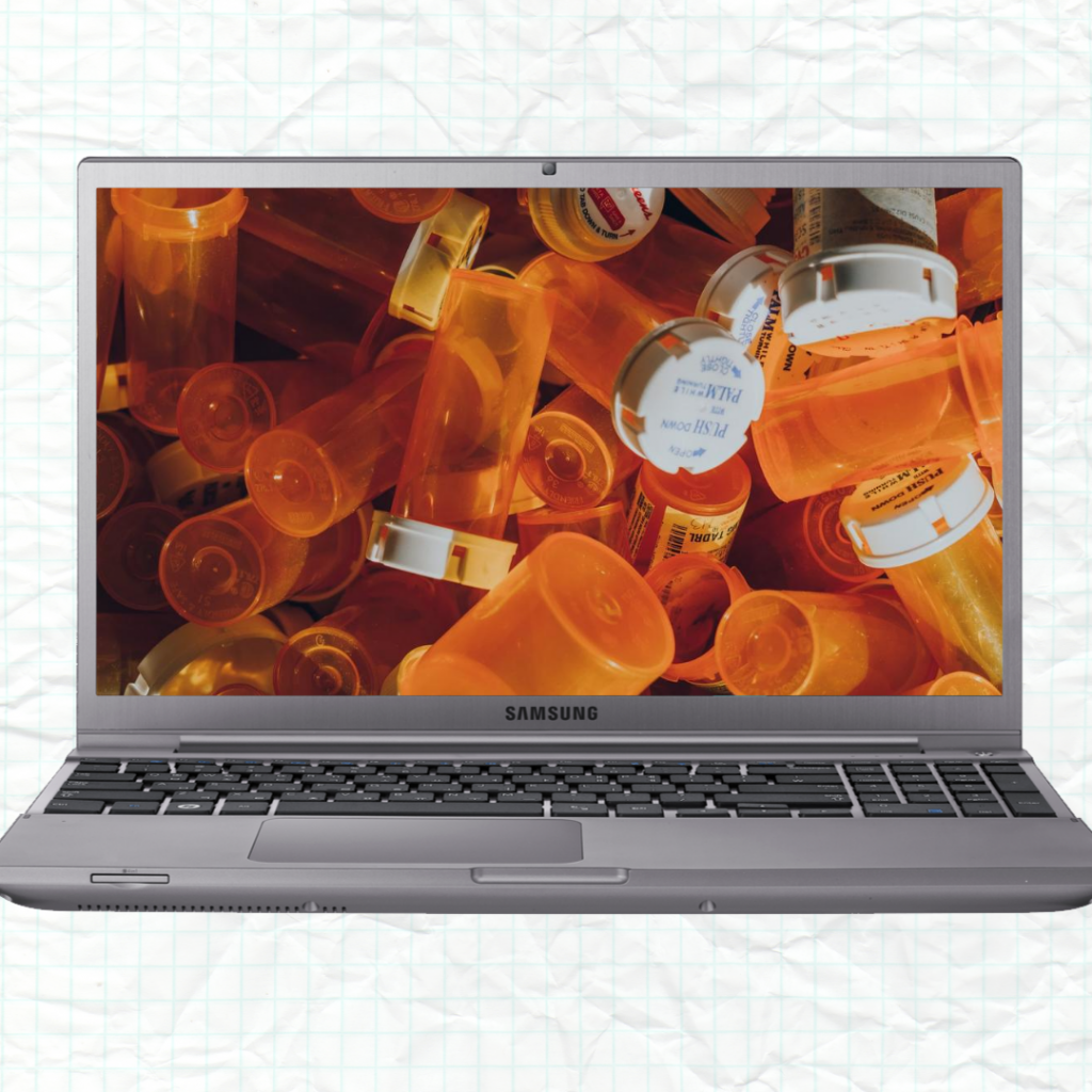 A laptop with a screensaver of numerous pharmaceutical pill bottles