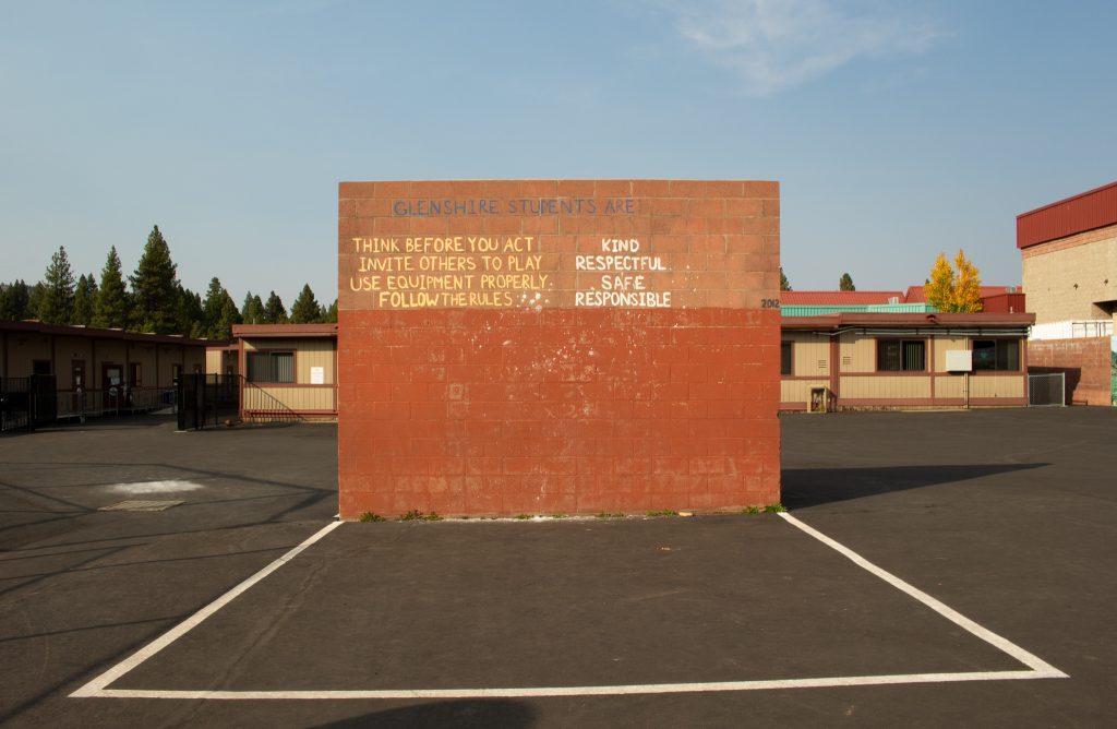 A wall at Glenshire Elementary has the words "Glenshire students are: kind, respectful, safe, responsible."