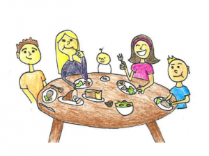 A drawing of a family sharing a meal around a circular table.