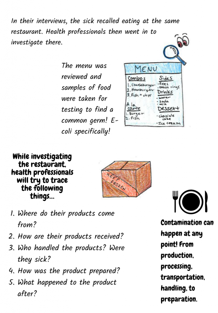 In their interviews, the sick recalled eating at the same restaurant. Health professionals then went in to investigate there. The menu was reviewed and samples of food were taken for testing to find a common germ! E-coli specifically! While investigating the restaurant, health professionals will try to trace the following things... 1. Where do their products come from? 2. How are their products received? 3. Who handled the products? Were they sick? 4. How was the product prepared? 5. What happened to the product after? Contamination can happen at any point! From production, processing, transportation, handling, to preparation.