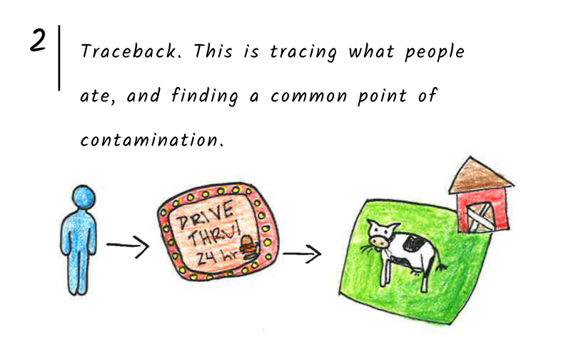 2. Traceback. This is tracing what people ate, and finding a common point of contamination.