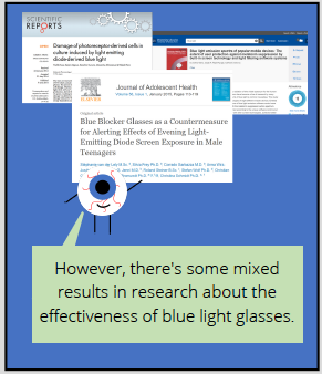 Comic thought bubble from eyeball says: However, there's some mixed results in research about the effectiveness of blue light glasses.