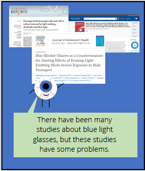 Comic thought bubble from eyeball says: There have been many studies about blue light glasses, but these studies have some problems.