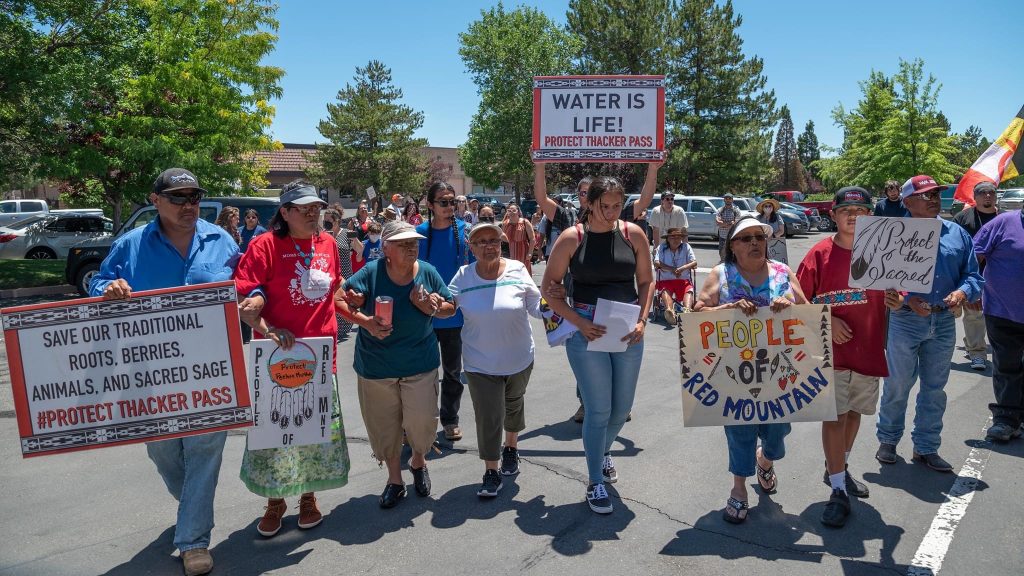 Protest march outside of the offices of a contractor hired to conduct a cultural study of traditional Paiute and Shoshone lands,