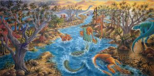 Numerous dinosaurs from the Cretaceous Era enjoy water in a flood plain. There are trees and vegetation lining the banks of the waterways, and the whole scene is very colorful. In the middle of the scene is a large crocodile or alligator eating a small dinosaur
