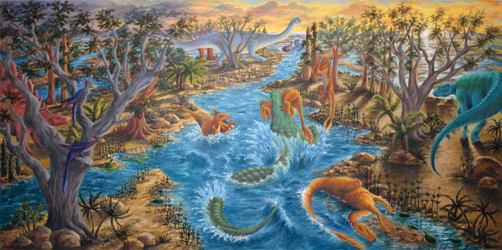 Numerous dinosaurs from the Cretaceous Era enjoy water in a flood plain. There are trees and vegetation lining the banks of the waterways, and the whole scene is very colorful. In the middle of the scene is a large crocodile or alligator eating a small dinosaur