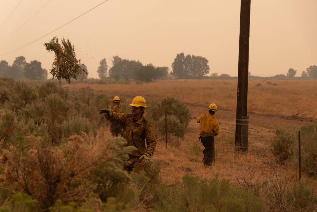 Firefighters clear brush near the Dixie Valley Fire in August 2021