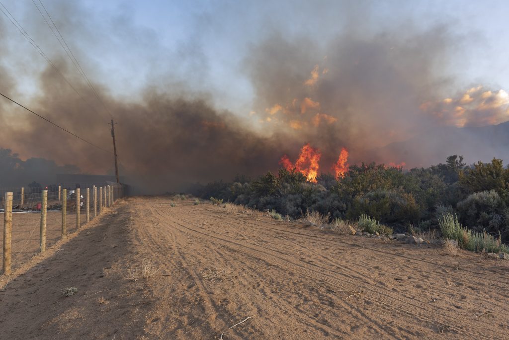A fire blazes by a fence in a desert-like scene