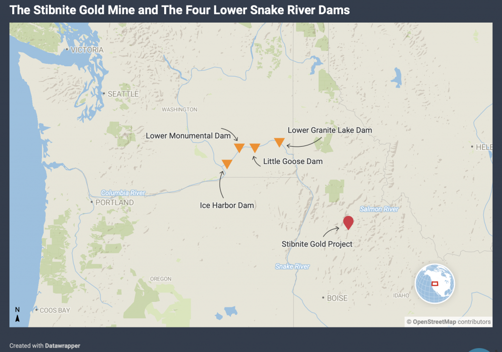 This is a map that shows the locations of the Stibnite Gold Mine and the Four Lower Snake River Dams. The Stibnite Gold Project is in Idaho at the headwaters of the East Fork South Fork Salmon River, near Yellowpine, Idaho. The four Lower Snake River Dams are in Washington on the Snake River.