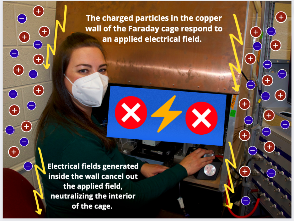 Dr. Antonio sits before her microscope, which is enclosed by the copper Faraday cage. On either side of her, animations demonstrate the flow of positive and negative ions away from the contents of the cage. The captions read: The charged particles in the copper wall of the Faraday cage respond to an applied electrical field. Electrical fields generated inside the wall cancel out the applied field, neutralizing the interior of the cage.