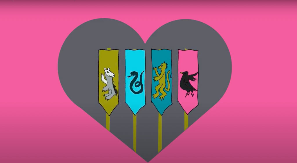 A large heart is cut out of a pink border. Within the heart, there are four heraldic banners depicting houses from the Harry Potter series. From left to right: a badger, a snake, a lion, and a bird.