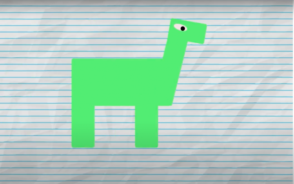 A green, two-dimensional brachiosaurus on a background of lined notebook paper. The animal is facing the right.