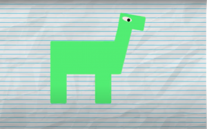 A green, two-dimensional brachiosaurus on a background of lined notebook paper. The animal is facing the right.