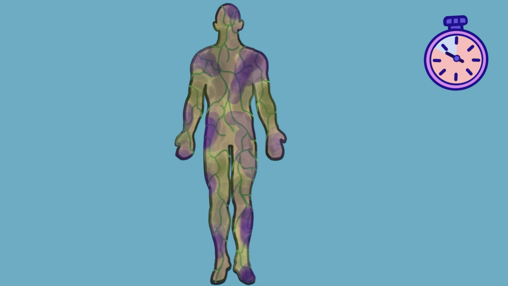 An animated outline of a prone human body with purple, green, and gray discoloration representing decay. On the upper-right corner, an animated timer with the hand pointed at 11:00 symbolizes the amount of time that has passed.