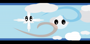 An anthropomorphic ice crystal and water droplet hover in the sky among gusts of wind and scattered clouds.