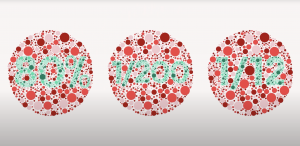 Three Ishihara color tests, comprised of a random assortment of red circles of differing sizes that show following figures in green: 80%, 1/200, and 1/12. A colorblind person would not be able to distinguish these green figures from the red circles that border them.