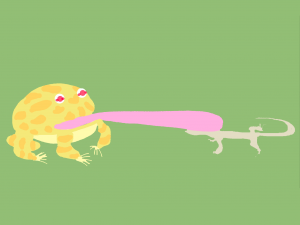 An illustration of a Pac-Man frog eating a lizard.
