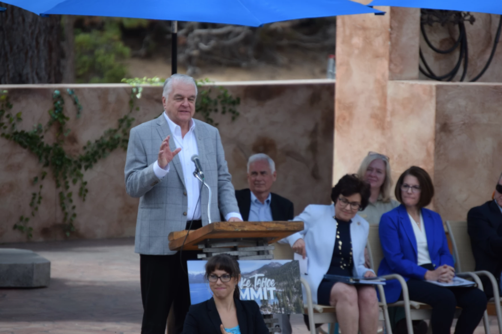 Nevada Governor Steve Sisolak gives speech during 2022 Lake Tahoe Summit.