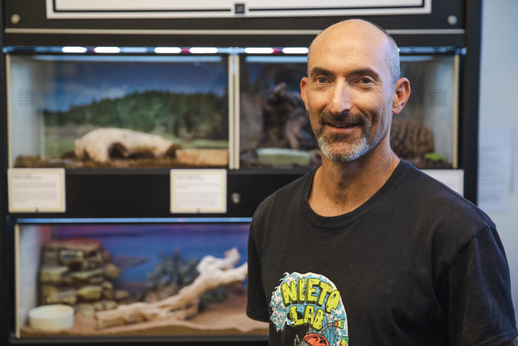 Biology Associate Professor Chris Feldman stands near terrariums in the UNR Museum of Natural History.