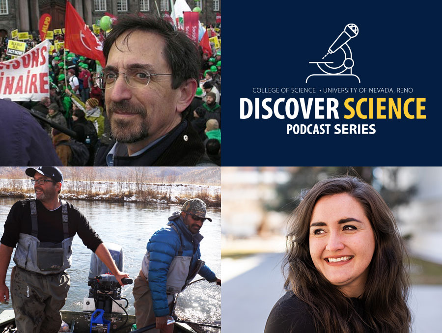 image collage with podcast guests: Andrew Revkin Sudeep Chandra Zeb Hogan Shelby Herbert and text "Discover Science"