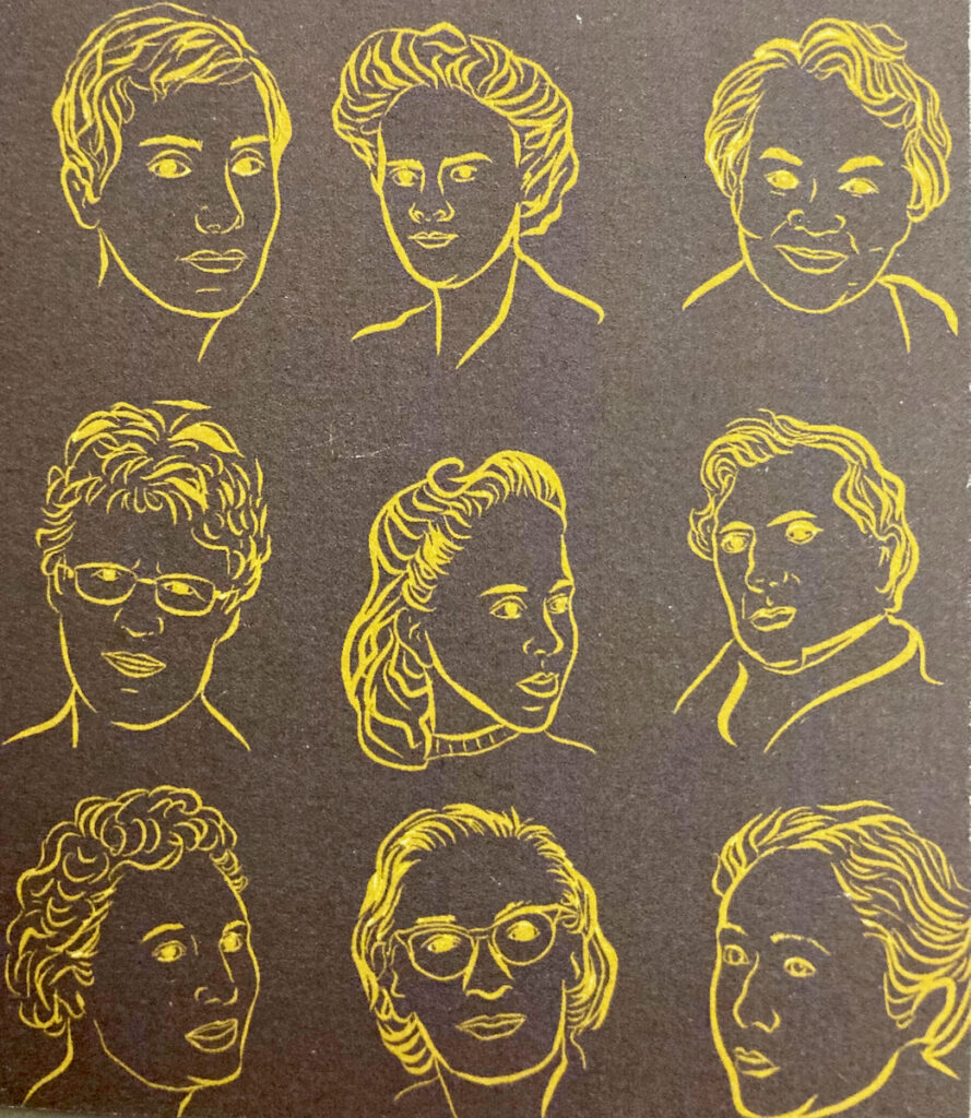 line drawings of heads of nine female scientists