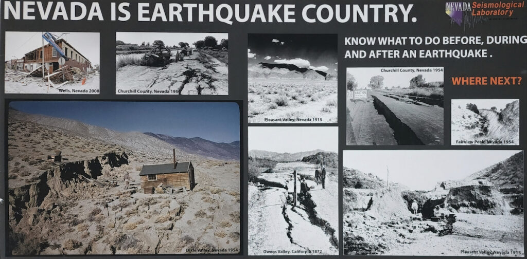 A display in the UNR Seismological lab shows historic photos of earthquake fault lines in Nevada