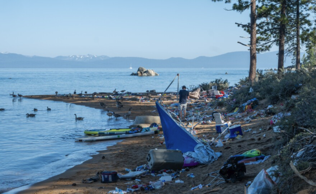 trash on the beach at Zephyr Cove in Lake Tahoe, Nevada