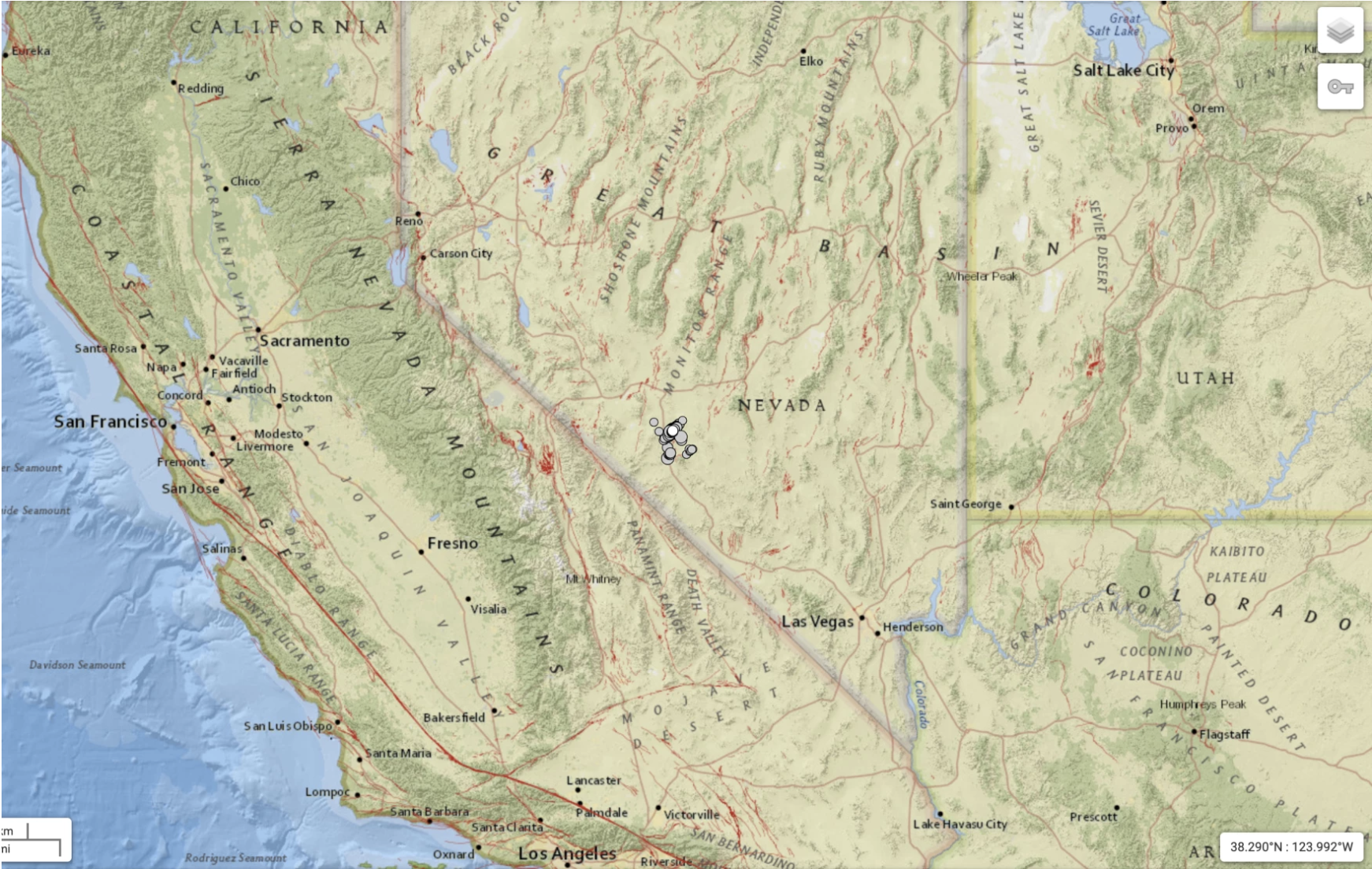 Map of Nevada showing earthquake locations