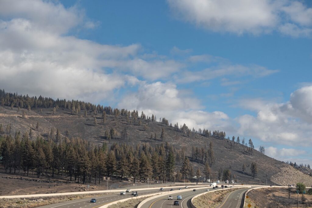 Post-fire burn scar over the exit bridge of Old 395