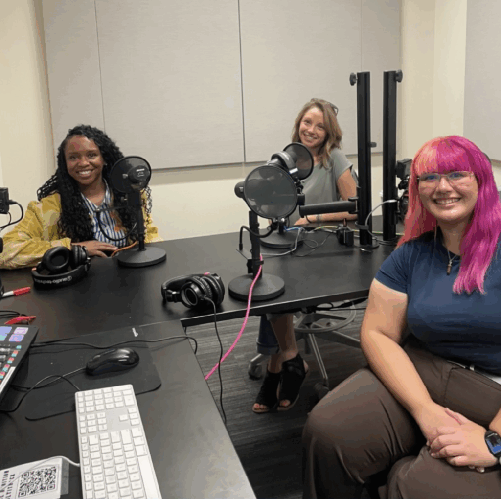 Dr. Maya Warren, Page Buono and Katrina Perce in the podcast studio at the University of Nevada, Reno.