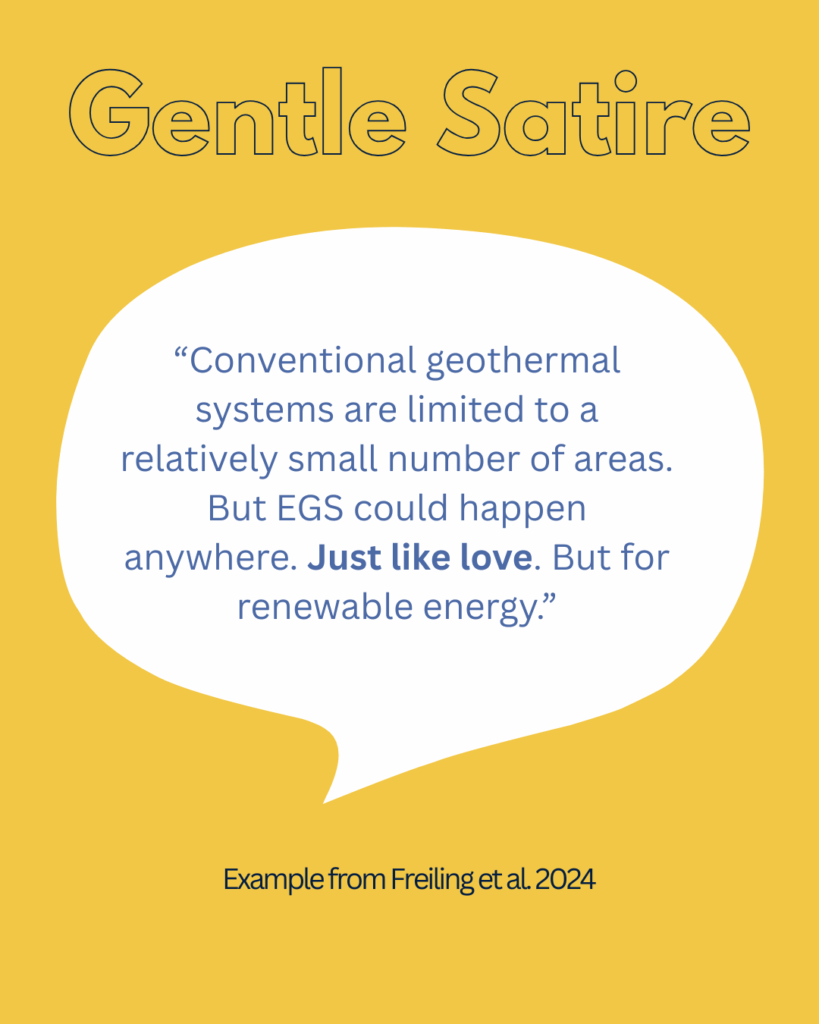 A white quote bubble against a yellow background that reads "Conventional geothermal systems are limited to a relatively small number of areas. But EGS could happen anywhere. Just like love. But for renewable energy." With the title "Gentle Satire"
