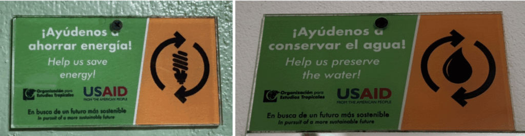 Two signs on bathroom wall that read "Help us save energy" and "help us preserve water. Image of a light bulb and water droplet.