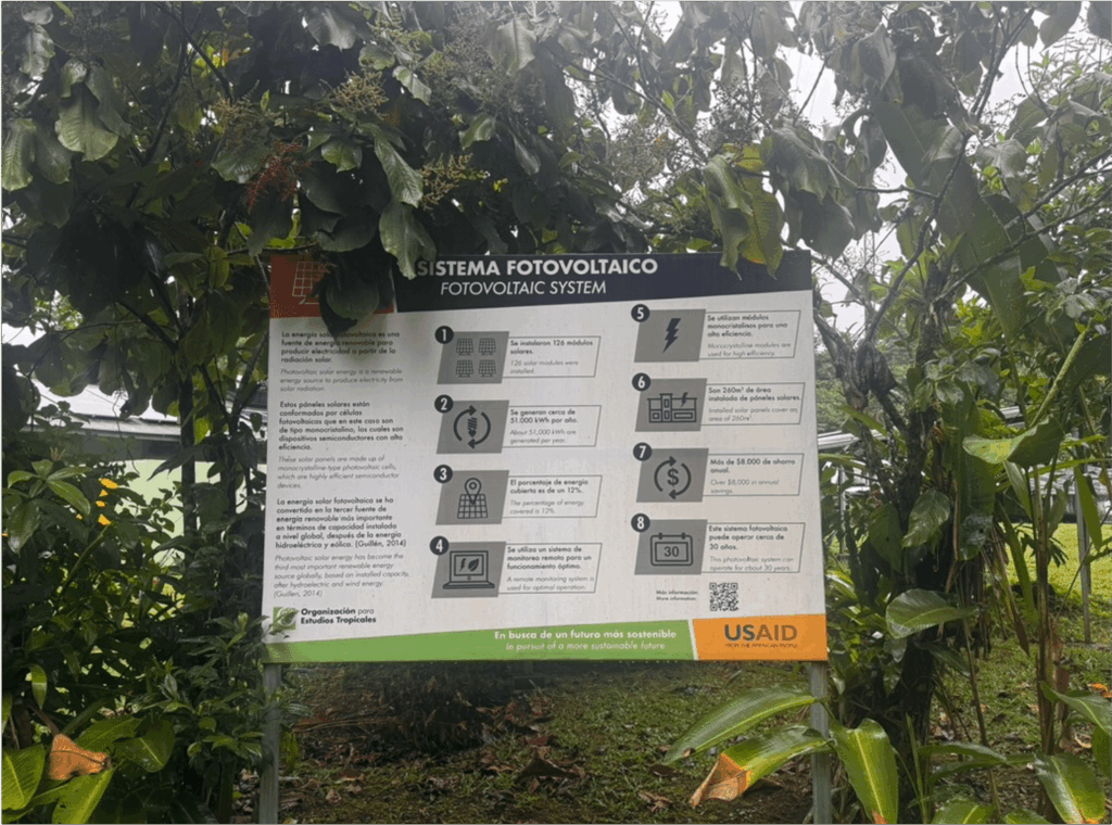 Solar power infographic in front of trees.