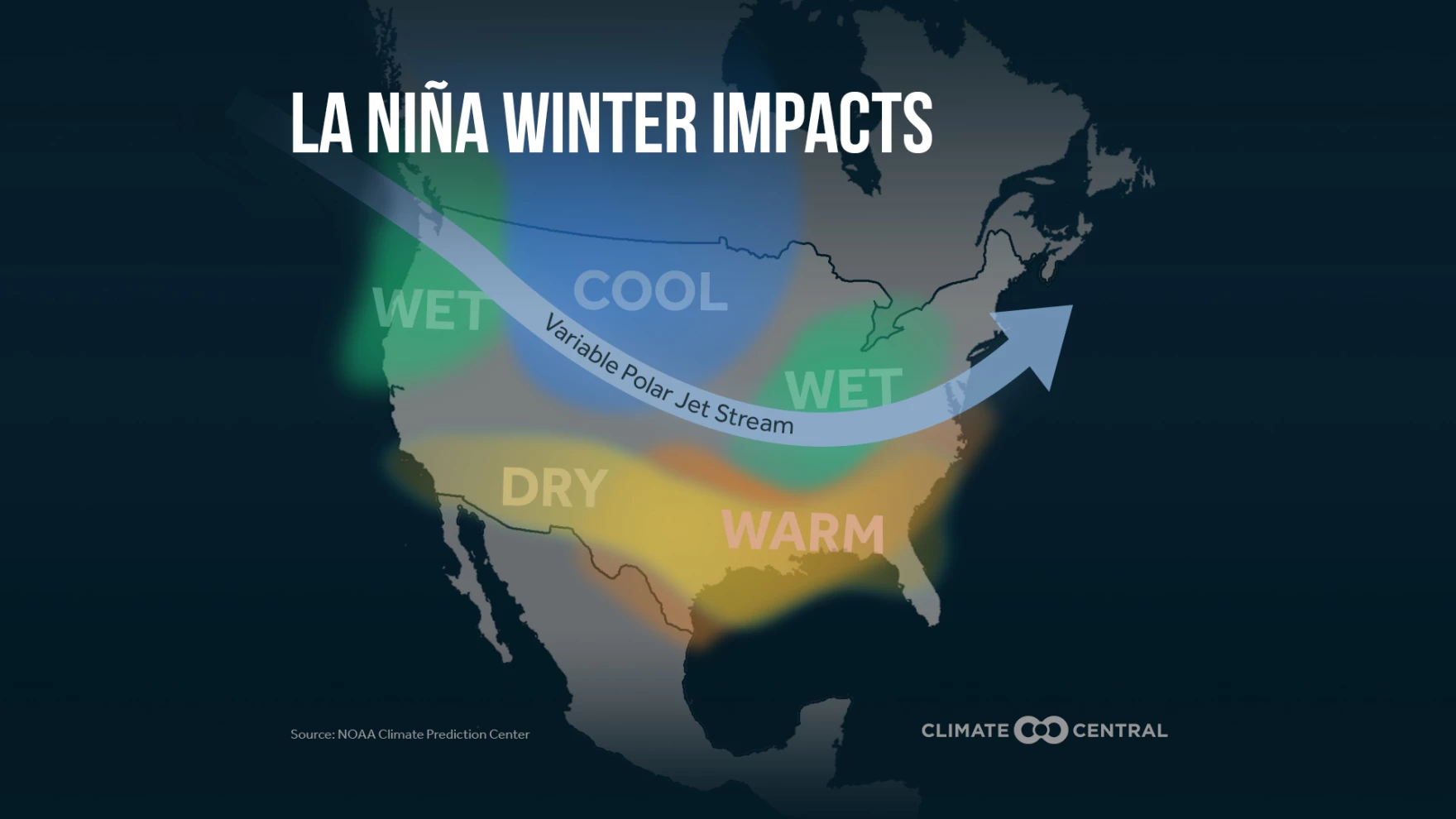 A map of North America showing wet, cool, dry, and warm areas against a black background.
