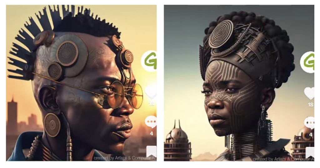 AI-generated imagery showing humanoid and afrofuturist representations of people of the future