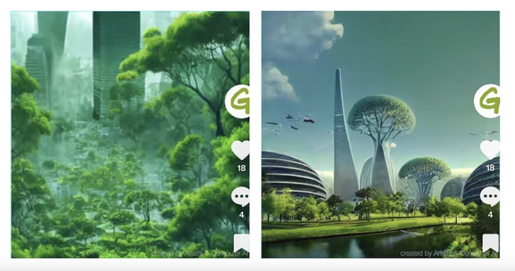 AI-generated imagery showing cities intertwined with nature