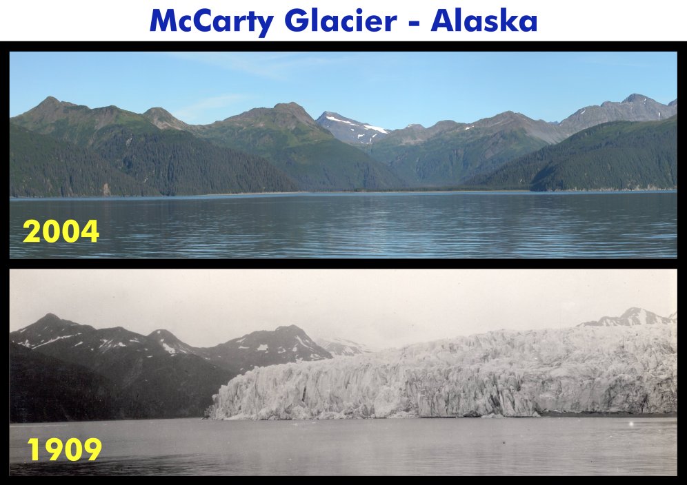 McCarty Glacier in Alaska, shown in 2004 and 1909