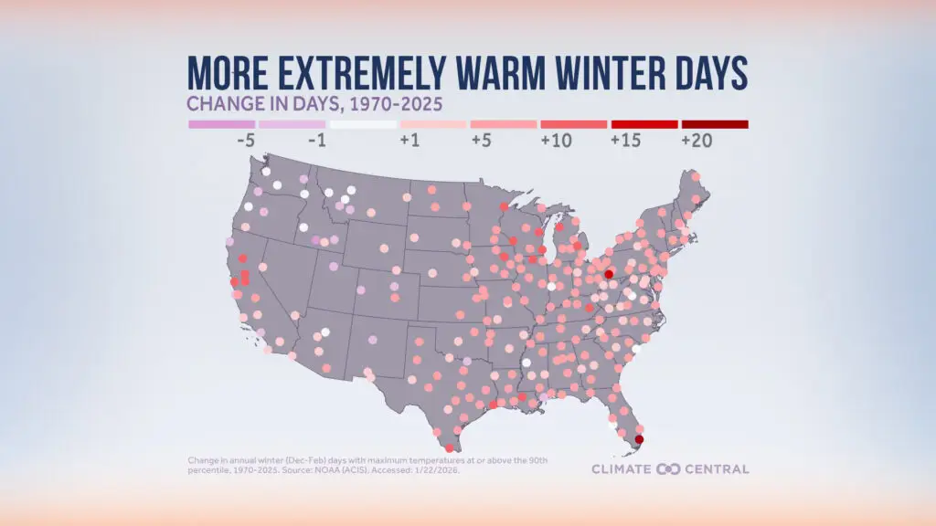 Map of extremely warm winter days