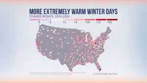 Map of extremely warm winter days