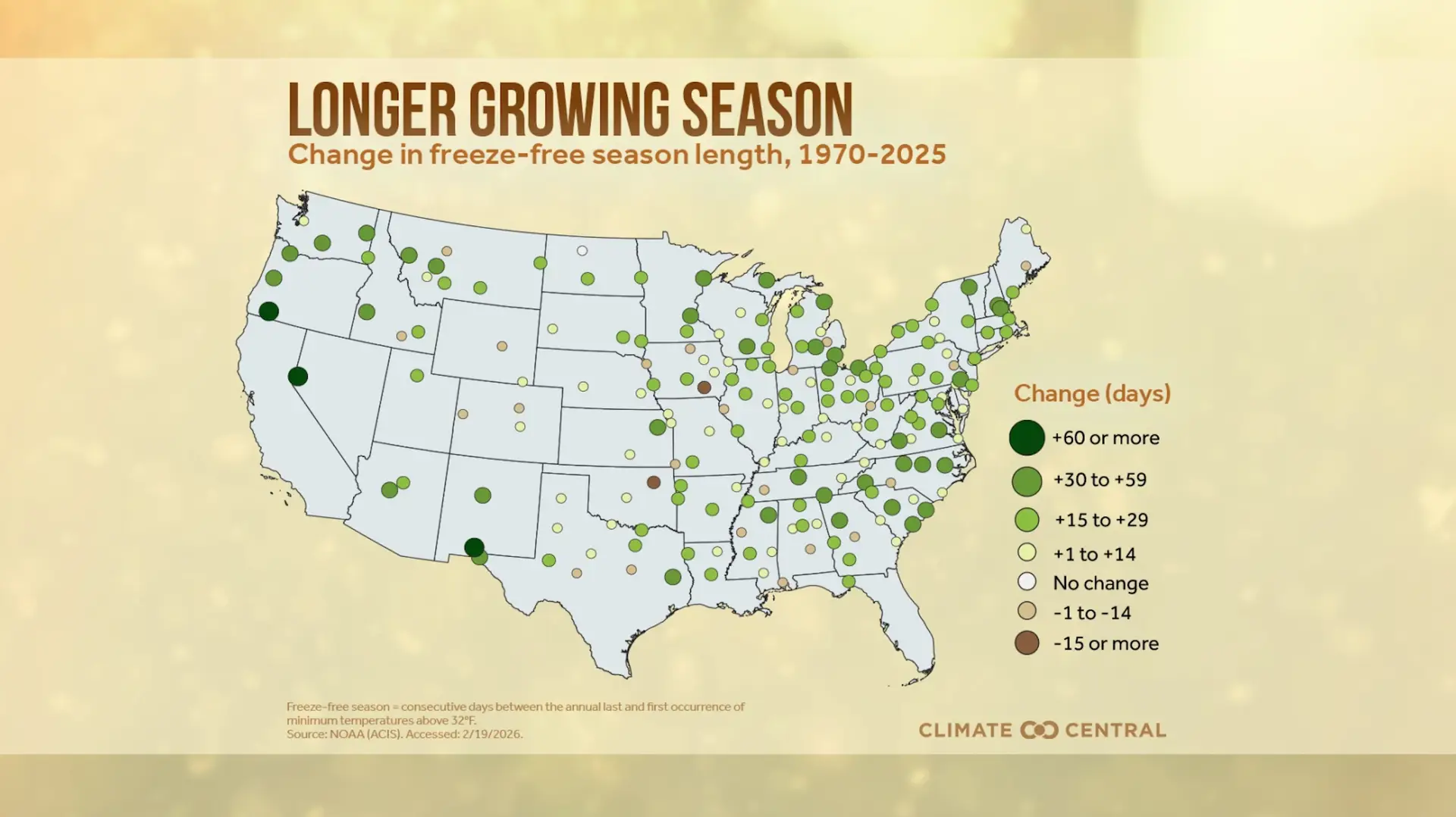 map showing change in frost-free season length, 1970-2025