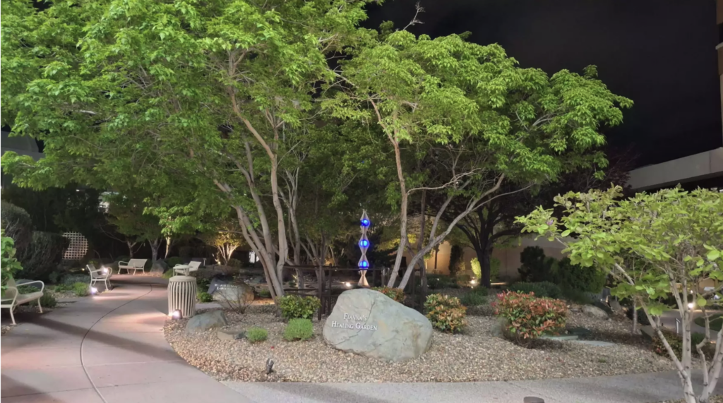 Fianna's Healing Garden at Renown Regional Medical Center during the evening.