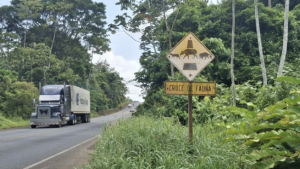 Highway in Puerto Viejo de Sarapiquí, Costa Rica with wildlife crossing sign.
